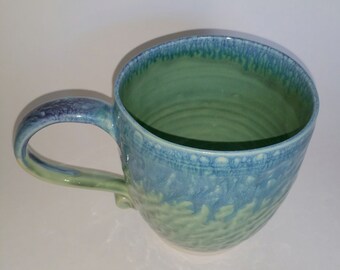 Green, Teal & Blue Chattered Oval Mug - Wheel Thrown Pottery - Holds 18 ounces with room to spare (20 ounces to the rim)