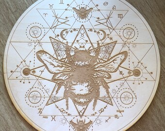 Crystal Grid - Honey Bee Sri Yantra - 6, 9 or 12 Inches - Wooden Crystal Grid - Animal Spirit - Totem - Sacred Geometry