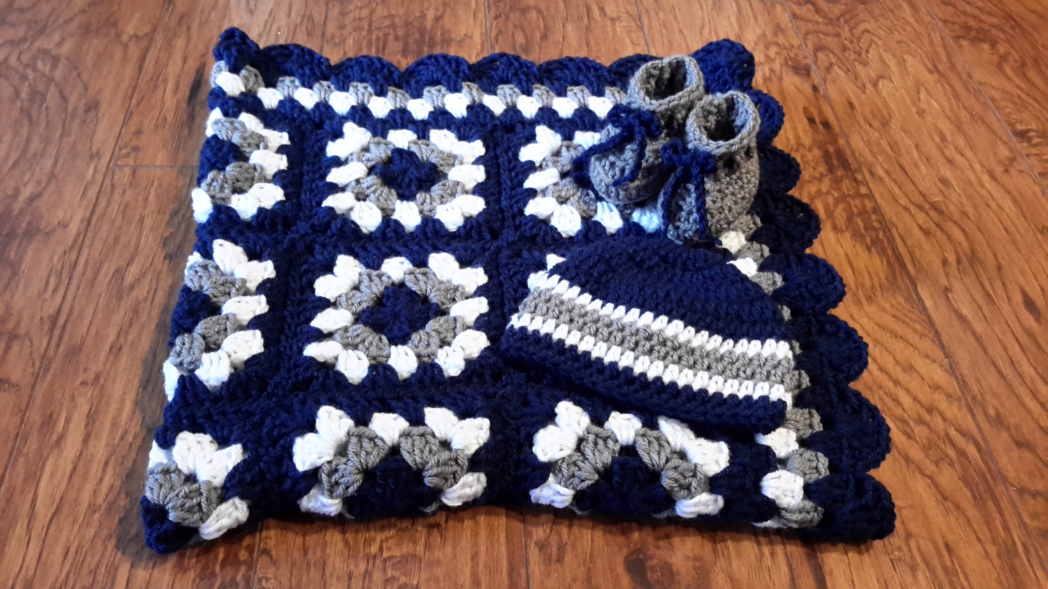 Baby Boy Granny Square Blanket Crochet navy Blue and Gray