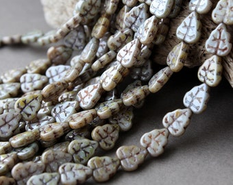 Glass Leaf Beads 25Pc, 8х10mm Czech Glass Beads, Glass Leaves Luster - Opaque Green