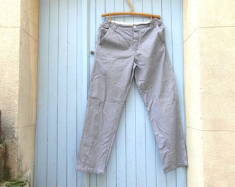 French houndstooth cotton workwear trousers with button front, large size unisex chore pants, French workwear, made in France.