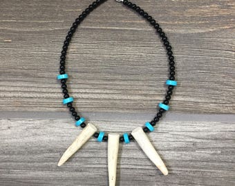 Black and Turquoise Triple Deer Antler Tine Necklace