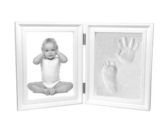 Baby Hand Print and Footprint Air Drying Stone Clay Bi-Fold Quality Wood Photo Frame Gift Set (White)
