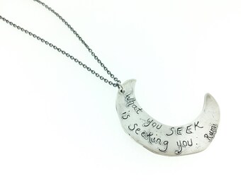rumi quote crescent moon necklace . long necklace . sterling silver talisman necklace . inspirational quote necklace by peacesofindigo