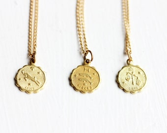 Zodiac Charm Necklace, Astrology Charm Necklace, Gold Zodiac Necklace, Gold Charm Necklace, Vintage Charm Necklace, All Signs Available
