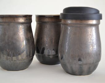 In Stock, Bronze Black Ceramic Travel Mug with Silicone Lid, Small Stoneware To Go Coffee Mug,Bronze 8th Aniversay Gift, Coffee Craver Gift