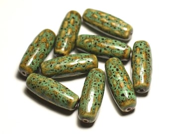 2PC - porcelain olive rice bobbin 31mm turquoise green ochre mottled ceramic beads - 8741140017504