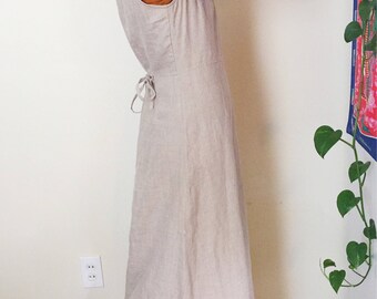 Vintage Minimal Flax Linen Dress Linen Maxi Dress Neutral Minimalist Womens Clothing, Size 10 Button Down Dress, Khaki Colored