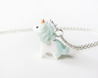 Blue Ice Quartz Miniature Unicorn Charm Necklace
