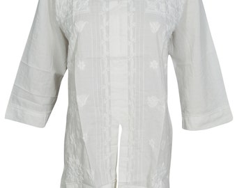 White Cotton Tunic Mandarin Collar 3/4 Sleeves Ethnic Indain Style Beautiful Hand Embroidered Top Blouse Shirt M