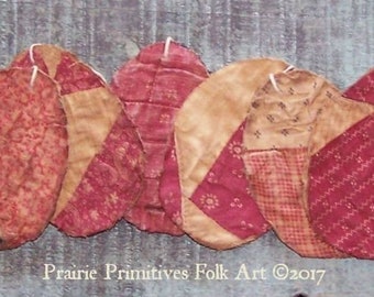 6 Rustic Egg Ornaments, Antique Quilt Tattered Egg Ornaments, Primitive Eggs, Farmhouse Easter Decor, Claret & Pink - READY TO SHIP