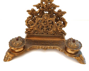 Antique Inkwell Solid Brass Art Nouveau Rococo Italy, Vintage Inkwell Desk Organizer, Fancy Brass Scroll Cherubs Double Inkwell Office Decor