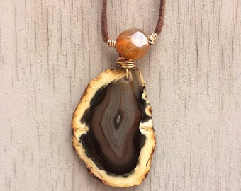 Brown Agate Slice Necklace, Boho Necklace, Gemstone Necklace, Chunky, Agate Necklace, Statement Necklace, Gift for Her, Ready to Ship