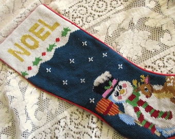 vintage needlepoint CHRISTMAS STOCKING with Snowman - Noel, Rudolph