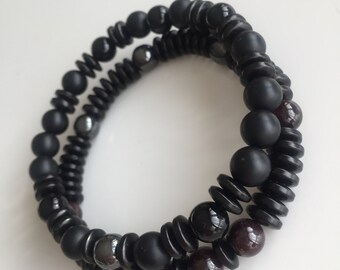 Men's coconut wood rondelles bracelet Garnet bracelet Matt onyx bracelet Hematite