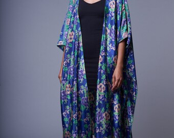 stunning floral print blue silk kimono