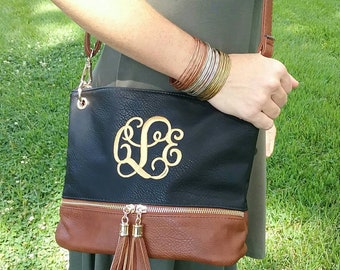 Personalized Monogrammed Vegan Leather Crossbody Purse with Tassel and FREE Monogram Multiple Colors Gray Black Silver Navy Monogram Purse