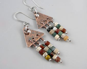 Triangle Earrings, Nickel Free Earrings, Copper Earrings, Copper Anniversary Gift, Long Drop Earrings, Chandelier Earrings, Cool Earrings