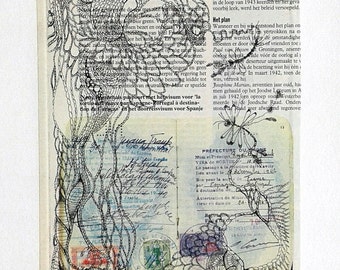 Original Fantasy Etching***chine colle**vintage paper**bugs**drypoint