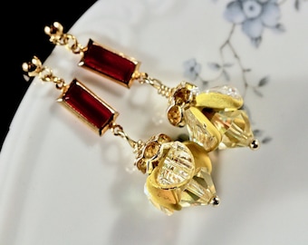 Vintage Earring Assemblage, Yellow Red Gold Plated Pierced Glass Posts Boho Unique Upcycled Reclaimed Shabby Chic Jennifer Jones, OOAK Flame