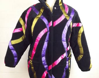Vintage 80s London Fog Black Velvet Multicolor Ribbon Detail Coat - Women's S