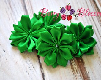 Green Satin Ribbon Flower 2" inch size - small satin ribbon flowers - Set of 4 - SF YC145 E