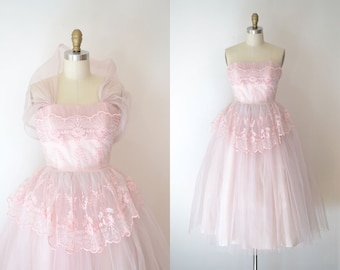 1950s Party Dress / 50s Pink Tulle Prom Dress / Connie Sage