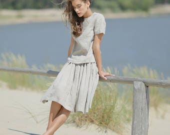 Linen set. Tank top and A line skirt. Linen suite. Summer blouse and midi skirt. Linen clothing. Linen shirt. Linen skirt. Flax clothing.