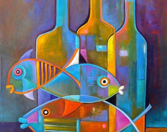 Cubist painting Abstract modernist Original artwork still life Fish Wine Marlina Vera Fine Fine Art Cubism Fauve Cubiste Poisson Eames style