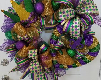 Mardi Gras Wreath/Fat Tuesday/New Orleans/Carnival Wreath/Mardi Gras Jester Wreath/Purple Green Gold Mardi Gras Wreath