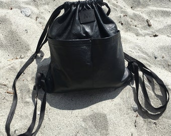 LEATHER Drawstring Backpack | Handmade Black Backpack | Drawstring Backpack | Backpack with Two Front Pockets