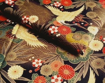 Japanese fabric, crane, Brown and black background, cotton 110 x 50 (172 (A)