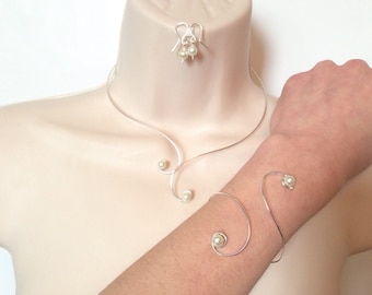 Parure Schmuck Perlen Elfenbein plattiert Silber Ornament Hochzeit, Weihnachten, Feiertage