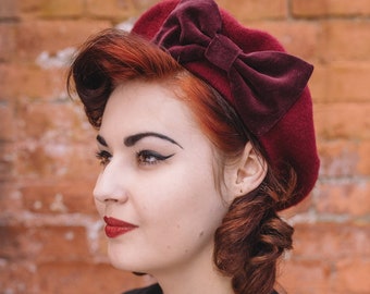 Red Hat, Wine Red Beret Hat with Wine Red Velvet Bow, Wine Red Wool Beret Hat, Wine Red Felt Beret Hat, Wine Red French Beret Hat
