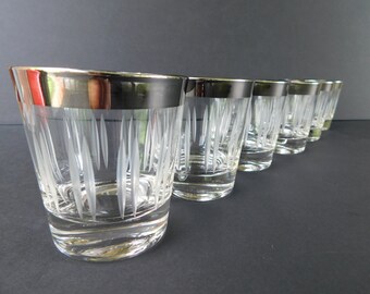 Set of 6 Vintage Etched Bar Glasses with Silver Rims, Silver Bands, 4 Ounces, Whiskey Glasses, Rocks Glasses, Double Shot Glasses