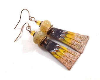 Brown and Yellow Handmade Earrings, Enameled Earrings, Brown and Yellow Earrings, Boho Earrings, Copper Earrings, Artisan Earrings, E029