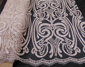 ART NOUVEAU Damask NUDE Sequin Mesh Polyester Lace Large Fancy Elegant Apparel Wedding Prom Veil Fabric By the Yard 52" Wide
