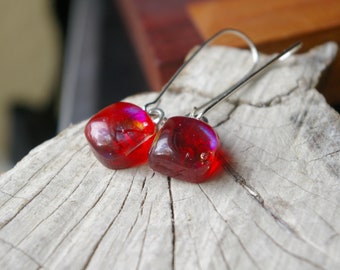 red iridescent fused glass earrings
