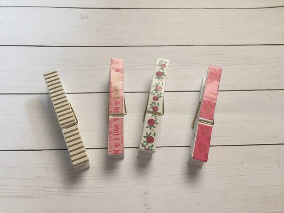 Pink & White Decorative Wood Clips. Set of 4. Love Clips. Patterned Clips
