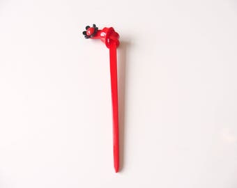Red Kanzashi Hair Ornament With Black Flower Accent
