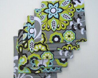 Fabric Coasters Gray, Bright Green, Blue Modern, Set of Six