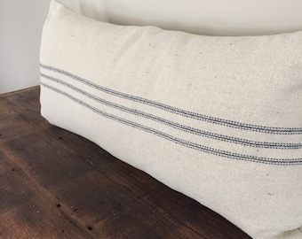 Grain Sack Pillow Blue Stripe Farmhouse Pillow Cover Long Lumbar Pillow Cover Decorative Pillow Cover Cottage Pillow Cover 12x22