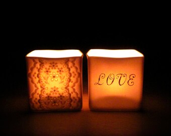 Handmade Ceramic Lace and Love, Romantic Pair of Tea Light Votives, Porcelain Translucent Candle Holders -Hideminy Lace Series