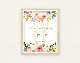 She Is Clothed In Strength And Dignity She Laughs Without Fear Of The Future, Proverbs 31:25, Bible Verse Wall Art, Scripture Printable Art