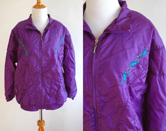 90s Purple and Turquoise Embroidered Windbreaker - Tracksuit Jacket - Purple Windbreaker - 1990s Windbreaker - Gaudy Grandma - Size Large
