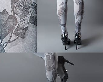 Tattoo Tights - Climber Plant grey one size full length closed toe pantyhose tattoo socks ,printed tights