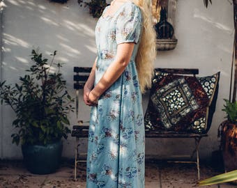 Vintage Floral Maxi Dress. Vintage Clothing. Bohemian Dress. Sky Blue Hippie Dress. Summer Dress. 1960s/ 1970s Gypsy Dress.