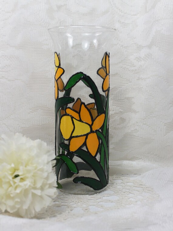 Tall Daffodil Vase Country Cottage Home Decor Hand Painted
