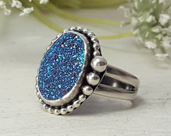 Modern Titanium Druzy Ring 12X16 mm Drusy Sterling Silver Ring