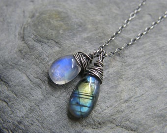 Labradorite necklace ~ Moonstone necklace ~ Moonstone and labradorite pendant necklace ~ Blue moonstone pendant ~ Labradorite pendant ~
